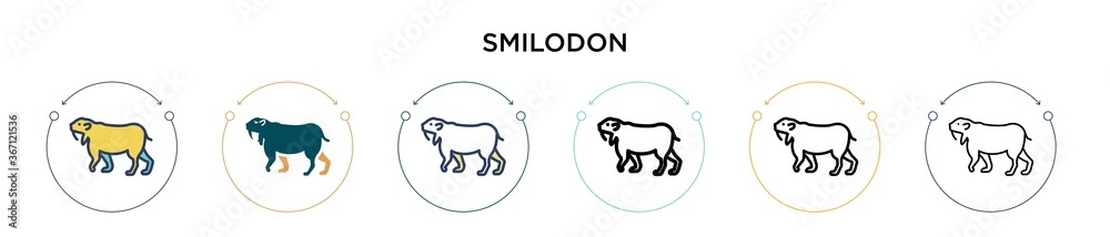 Smilodon icon in filled, thin line, outline and stroke style. Vector illustration of two colored and black smilodon vector icons designs can be used for mobile, ui, web