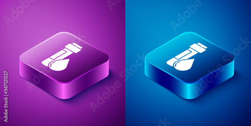 Isometric Test tube with water drop icon isolated on blue and purple background. Square button. Vector Illustration.