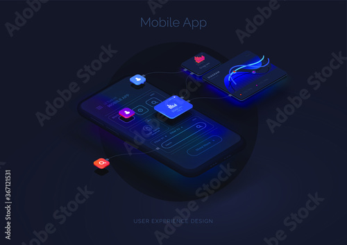 User experience. Smartphone mockup on black background with interactive user interface. The process of creating a mobile application. Website wireframe for mobile apps with active layers and links
