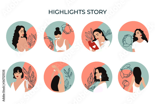 Instagram icons for stories, covers for Instagram highlights. Round elements and icons with woman, floral details for your blog or website.