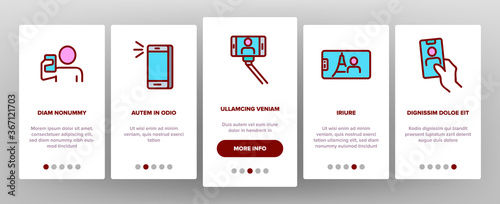 Selfie Photo Camera Onboarding Mobile App Page Screen Vector. Selfie Stick Tool And Smartphone Digital Device For Make Photography Card Illustrations