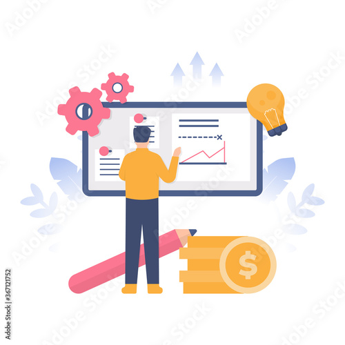 business strategy concepts, building ideas, designing. illustration of a man setting strategy or planning on the board. flat design. can be used for elements, landing pages, UI, website