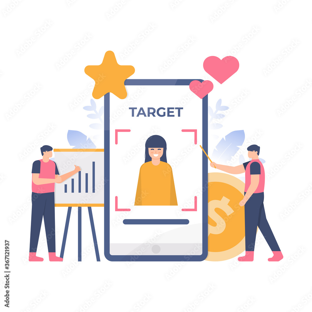 the concept of target marketing, business strategy, teamwork. illustration of a negotiating team to determine their business targets. flat design. can be used for elements, landing pages, UI, website