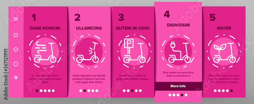 Scooter Sharing Rent Service Onboarding Mobile App Page Screen Vector. Scooter Sharing Phone Application, Charger Electronic Transport, Barcode And Gps Mark Illustrations