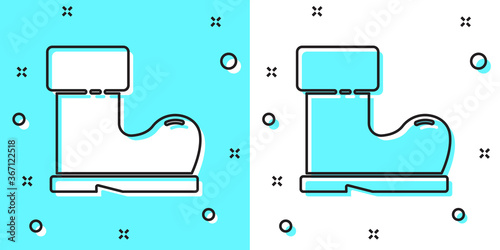 Black line Waterproof rubber boot icon isolated on green and white background. Gumboots for rainy weather, fishing, gardening. Random dynamic shapes. Vector Illustration.
