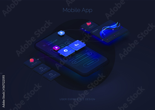 User experience. Smartphone mockup on black background with interactive user interface. The process of creating a mobile application. Website wireframe for mobile apps with active layers and links