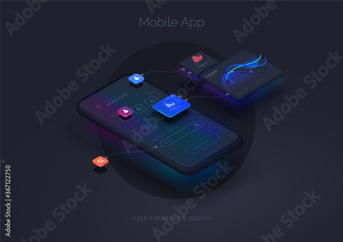 User experience. Smartphone mockup on black background with interactive user interface. The process of creating a mobile application. Website wireframe for mobile apps with active layers and links photo