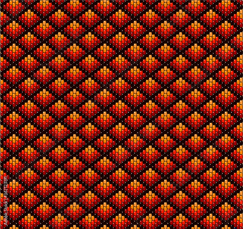 Beadwork background in warm colours. Earth tones of red, orange and yellow in diamond grid pattern. 