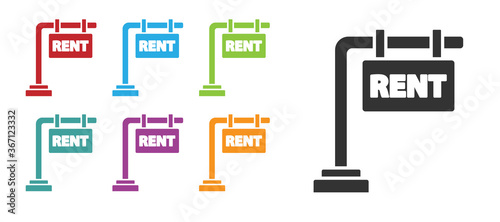 Black Hanging sign with text Rent icon isolated on white background. Signboard with text For Rent. Set icons colorful. Vector Illustration.