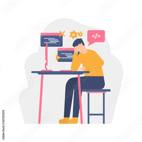 the concept of a programmer, full stack developer, back end developer, freelance worker. illustration of male thinking about creating or completing a program. can be used for elements, landing pages