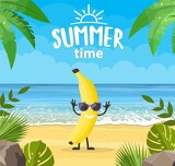 Funny summer banner with fruit characters. Tropical beach. Summer landscape. cartoon banana characters tropical beach. Vector illustration in flat style