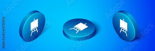 Isometric Wood easel or painting art boards icon isolated on blue background. Blue circle button. Vector Illustration.
