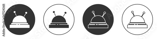 Black Needle bed and needles icon isolated on white background. Handmade and sewing theme. Circle button. Vector Illustration.