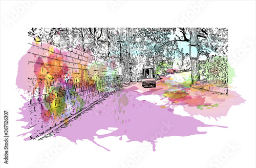 Building view with landmark of Abbottabad is the capital city of Abbottabad District in the Hazara region of  Pakhtunkhwa, Pakistan. Watercolor splash with hand drawn sketch illustration in vector.