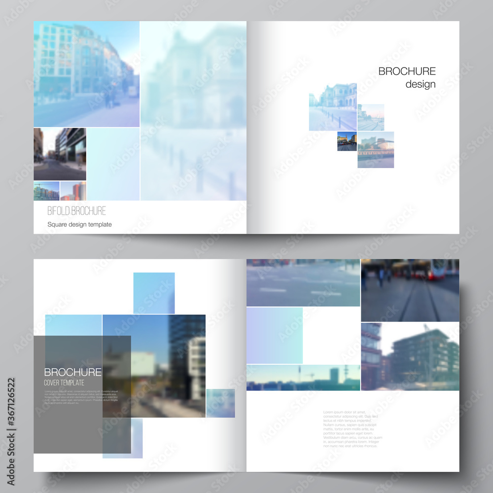 Vector layout of two covers templates for square bifold brochure, flyer, magazine, cover design, book design, brochure cover. Abstract design project in geometric style with blue squares.