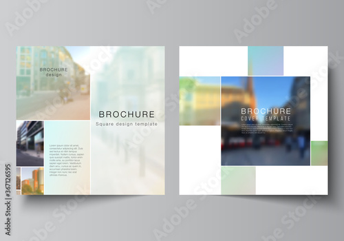 Vector layout of two square format covers design templates for brochure, flyer, magazine, cover design, book design, brochure cover. Abstract project with clipping mask green squares for your photo.