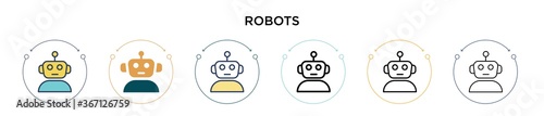 Robots icon in filled, thin line, outline and stroke style. Vector illustration of two colored and black robots vector icons designs can be used for mobile, ui, web
