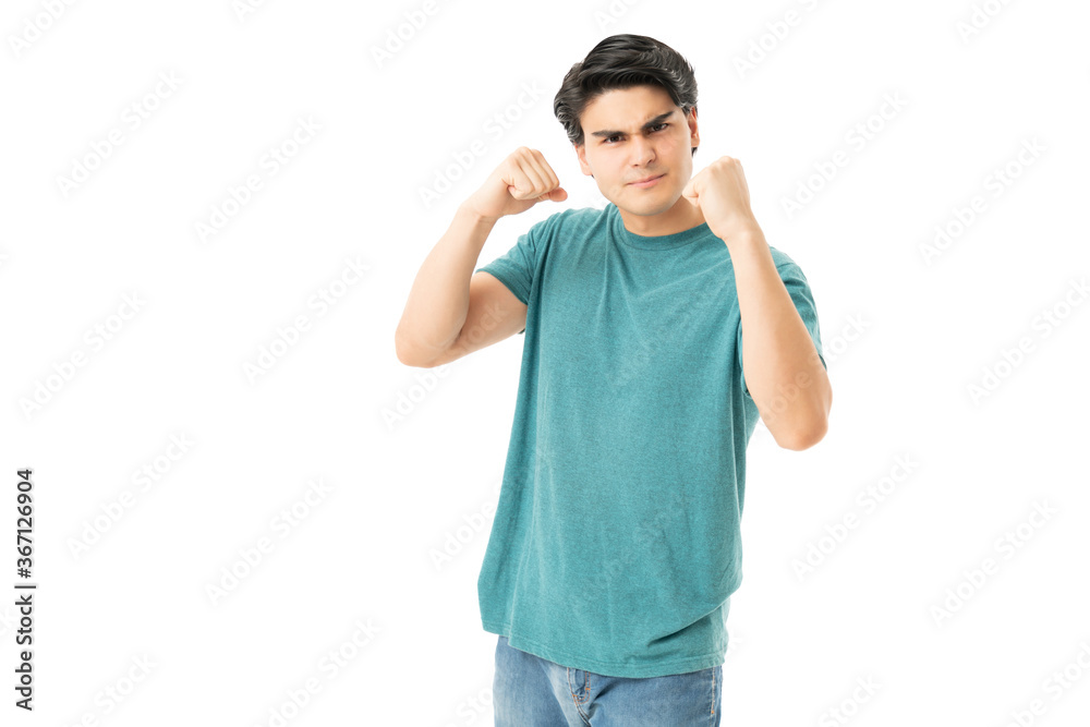 Angry Man Standing With Fist Defense Gesture Angry Man Standing With Fist Defense Gesture