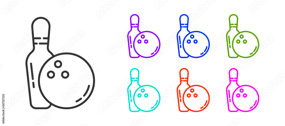 Black line Bowling pin and ball icon isolated on white background. Sport equipment. Set icons colorful. Vector Illustration. Black line Bowling pin and ball icon isolated on white background. Sport equipment. Set icons colorful. Vector Illustration.