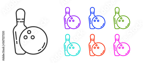 Black line Bowling pin and ball icon isolated on white background. Sport equipment. Set icons colorful. Vector Illustration.