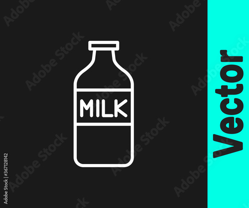 White line Closed glass bottle with milk icon isolated on black background. Vector Illustration.