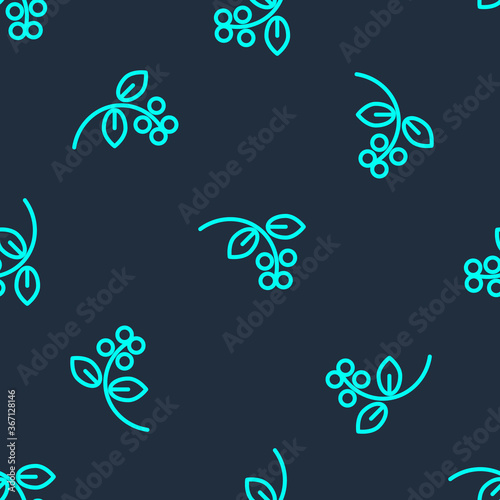 Green line Coffee bean  branch with leaf and berry icon isolated seamless pattern on blue background. Plant with leaf  berry  fruit  seed. Vector Illustration.