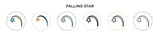 Falling star icon in filled, thin line, outline and stroke style. Vector illustration of two colored and black falling star vector icons designs can be used for mobile, ui, web