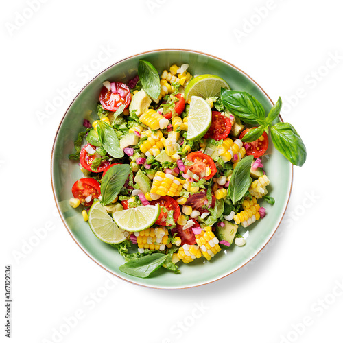 Colorful Corn Tomato Avocado Salad. Top view. Isolated on a white background