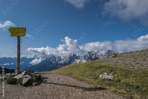 Waymark on the Carnic Peace Trail from Sillianer refuge to Obstansersee refuge alon the Carnic Alps high ridge, along the Austria-Italian border, Carnic Highroute trek, South Tyrol, Austria. photo