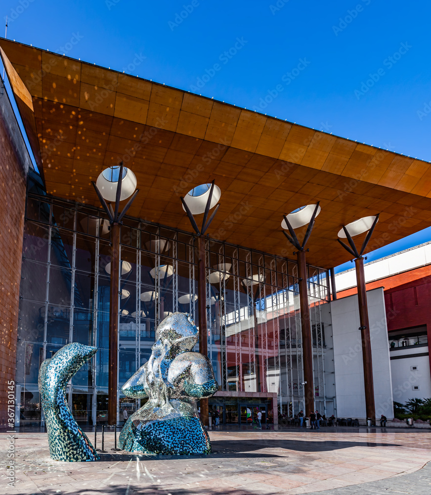 Almada, Portugal - October 24, 2019: Main entrance of the Almada Forum  shopping center or mall with