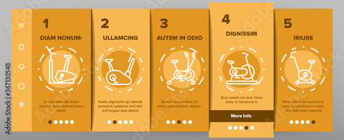 Exercise Bike Sport Onboarding Mobile App Page Screen Vector. Bike Sportive Equipment, Gym And Fitness Physical Training Health Activity Tool Illustrations