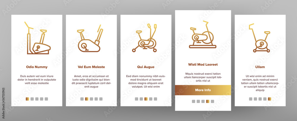 Fototapeta premium Exercise Bike Sport Onboarding Mobile App Page Screen Vector. Bike Sportive Equipment, Gym And Fitness Physical Training Health Activity Tool Illustrations