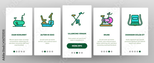 Exercise Bike Sport Onboarding Mobile App Page Screen Vector. Bike Sportive Equipment, Gym And Fitness Physical Training Health Activity Tool Illustrations