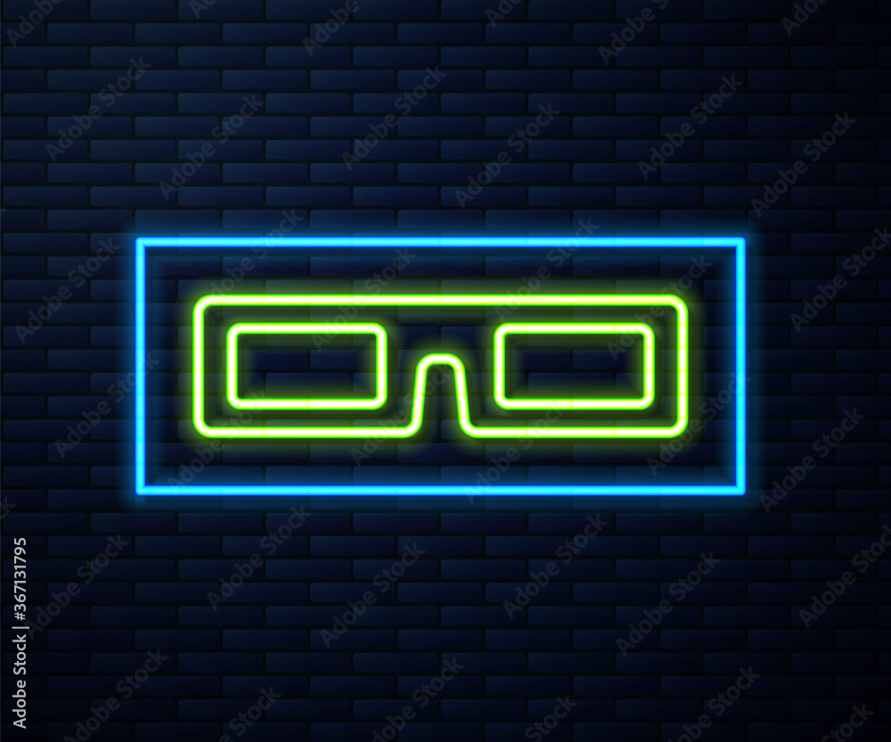 Glowing neon line cinema glasses icon isolated on brick wall background. Vector Illustration.