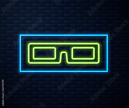 Glowing neon line cinema glasses icon isolated on brick wall background. Vector Illustration.