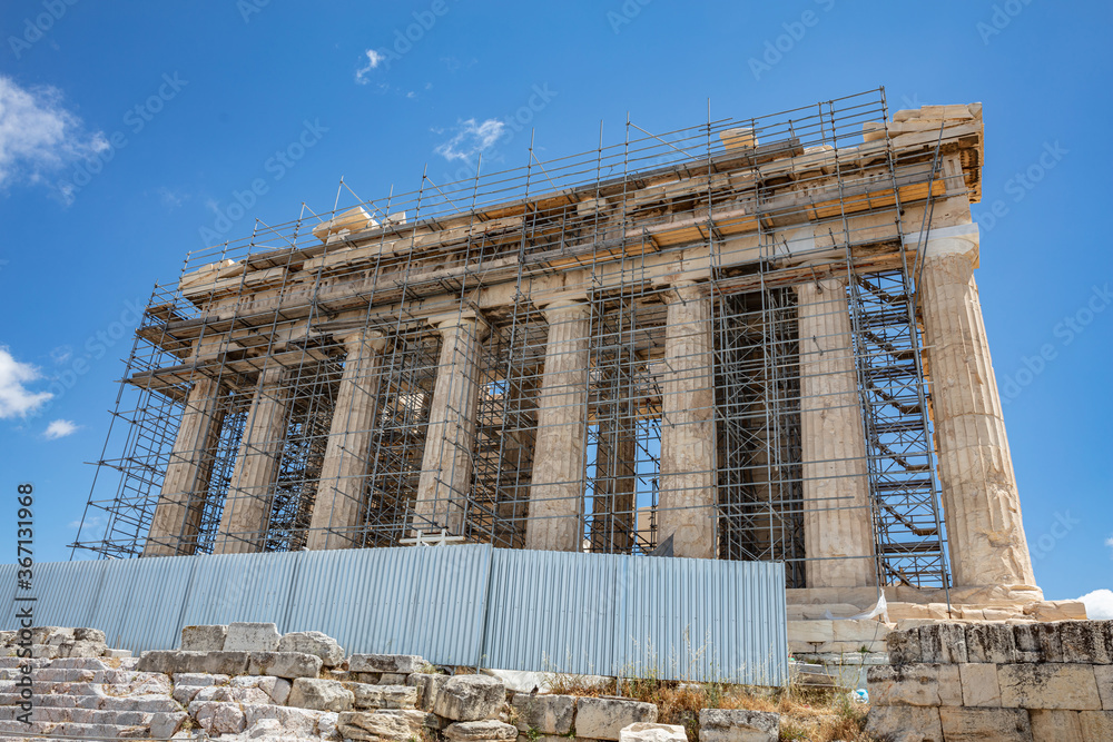 Athens, Greece. Parthenon temple on Acropolis hill, bright spring day.