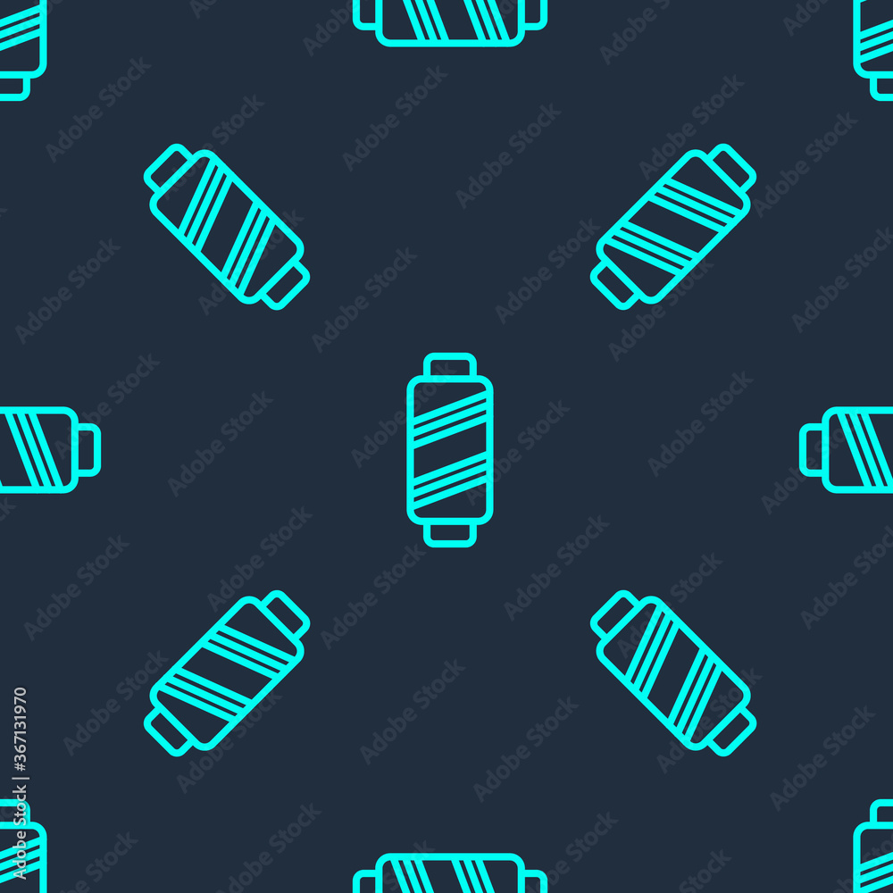 Green line Sewing thread on spool icon isolated seamless pattern on blue background. Yarn spool. Thread bobbin. Vector Illustration. Green line Sewing thread on spool icon isolated seamless pattern on blue background. Yarn spool. Thread bobbin. Vector Illustration.