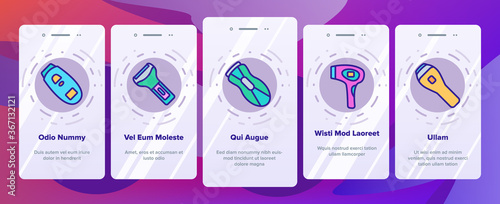 Depilation Equipment Onboarding Mobile App Page Screen Vector. Epilator Depilation Electronic Device Accessory And Hot Wax For Hair Epilation Illustrations