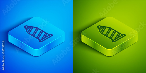 Isometric line Sewing thread on spool icon isolated on blue and green background. Yarn spool. Thread bobbin. Square button. Vector Illustration.