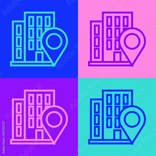 Pop art line Map pointer with house icon isolated on color background. Home location marker symbol. Vector Illustration.