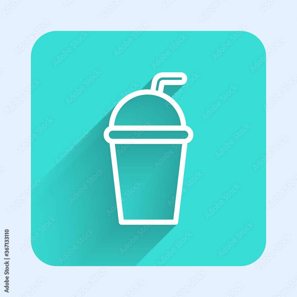 White line Paper glass with drinking straw and water icon isolated with long shadow. Soda drink glass. Fresh cold beverage symbol. Green square button. Vector Illustration. White line Paper glass with drinking straw and water icon isolated with long shadow. Soda drink glass. Fresh cold beverage symbol. Green square button. Vector Illustration.