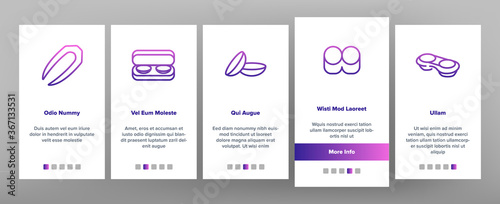 Contact Lens Accessory For Vision Onboarding Mobile App Page Screen Vector. Contact Lens Package And In Glass With Liquid, Bottle With Dropper And Medicine Illustrations