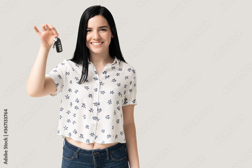 Smiling Caucasian Woman Holding Car Key Smiling Caucasian Woman Holding Car Key