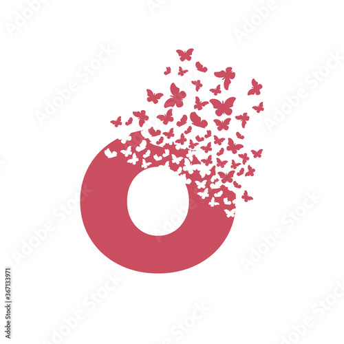 letter O with effect of destruction. Dispersion. Butterfly, moth