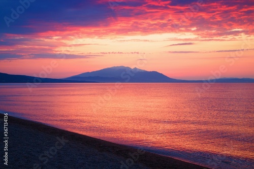 Sunrise at the Aegean Sea in northern Greece on the Halkidiki peninsula.