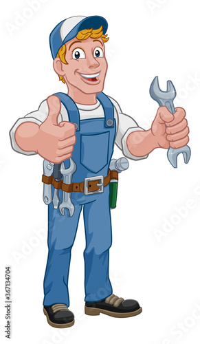 Mechanic plumber maintenance handyman cartoon mascot man holding a wrench or spanner. Giving a thumbs up