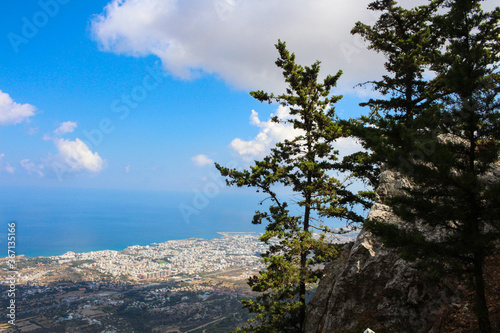  View from the castle of Saint Hilarion on the city of Kyrenia and the Mediterranean sea. Cyprus.