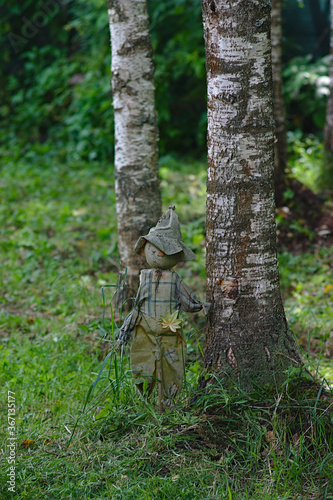 figure of a little man next to birch trees