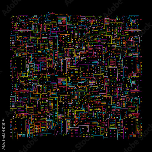 Abstract cityscape background on black, sketch for your design