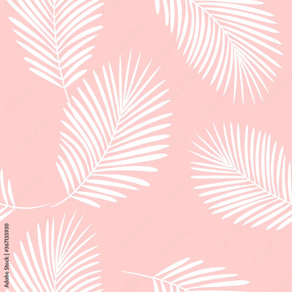 Tropical pattern, palm leaves seamless vector floral background. Exotic plant on stripes. spring nature jungle print. Leaves of palm tree on paint lines. ink brush strokes. pink girly pattern.